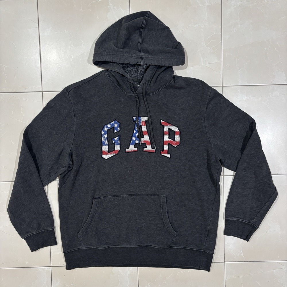 Vintage GAP Spellout Hoodie USA American Flag Letters Men's L Y2K Grunge Skate